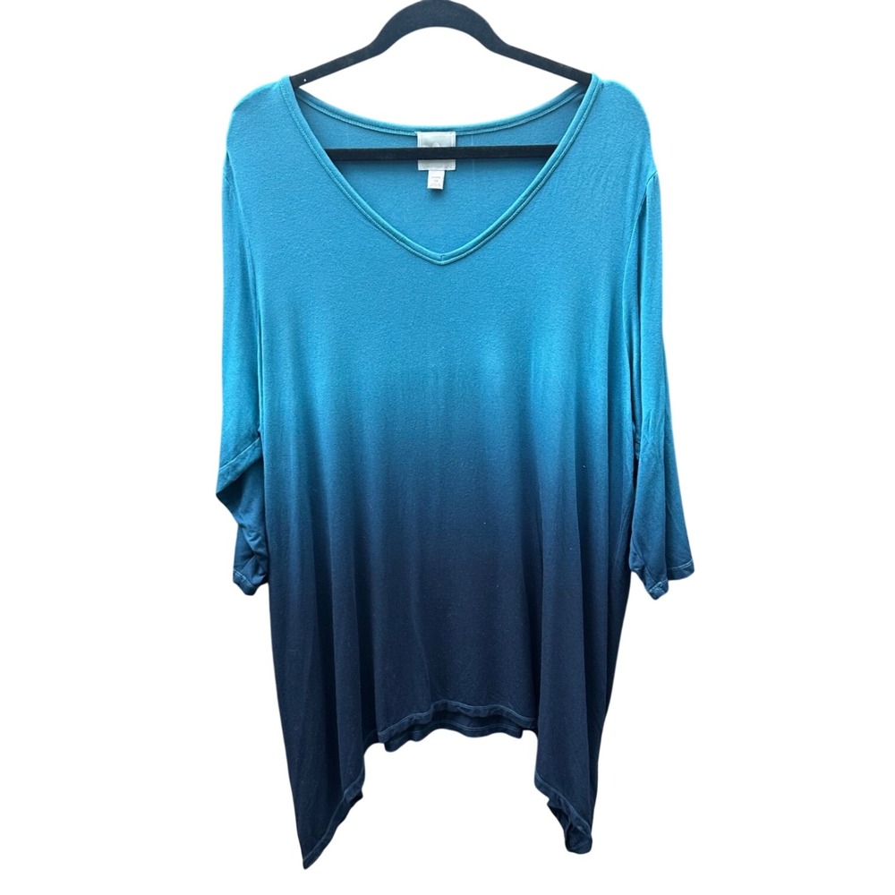 Sunday Woman Ombre Sharkbite Tunic Top Blue V-Neck 3/4 Sleeve Plus Size 2X